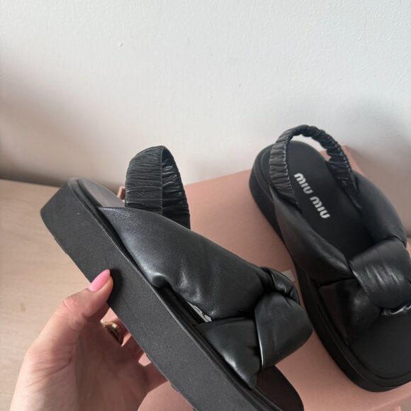 NWT Miu Miu Slingback Platform Sandals Black Padded Leather Knot Detail Sz 35 - Picture 6 of 10